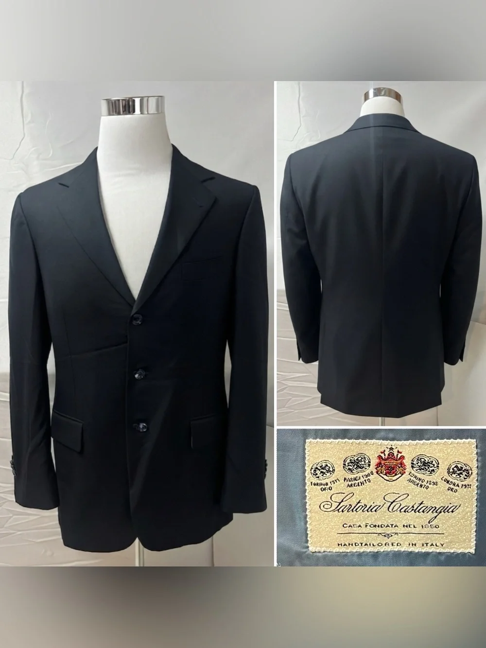 Sartoria Castangia Men's 42L Navy Blue Wool 3-Button Blazer Jacket